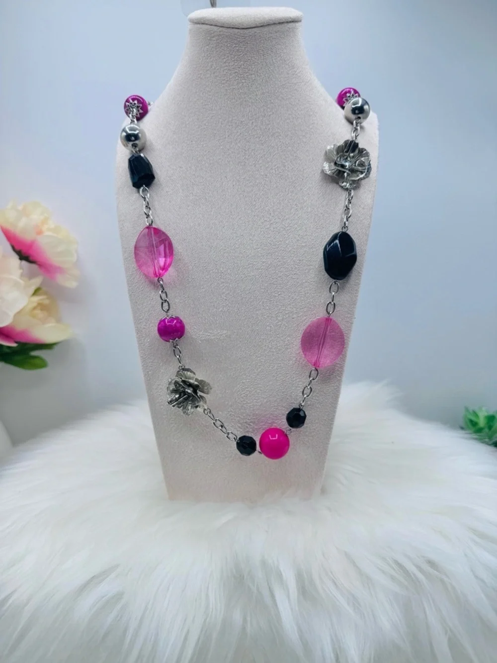 Statement Pink & Black Beaded Chain Necklace Silver Floral Accent